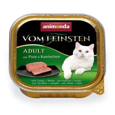 animonda Vom Feinsten ADULT mit Pute + Kaninchen, widoczny kawałek karmy na czarnym talerzu, opakowanie aluminiowe z zielono-czarną etykietą