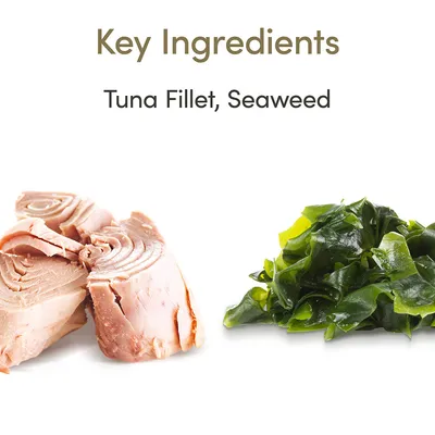 Teksti englanniksi: Key Ingredients. Tuna Fillet, Seaweed. Kuvassa tonnikalafileetä ja merilevää.