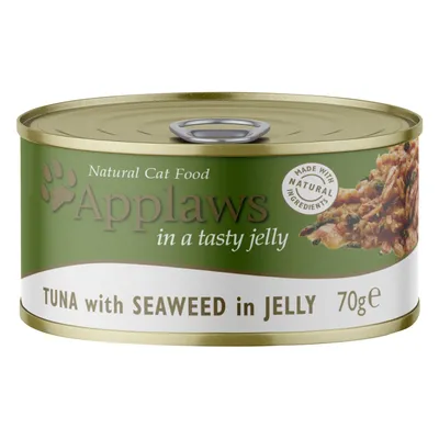 Applaws Natural Cat Food, TUNA with SEAWEED in JELLY, 70 g. Purkki, jossa teksti 'Made with natural ingredients'.