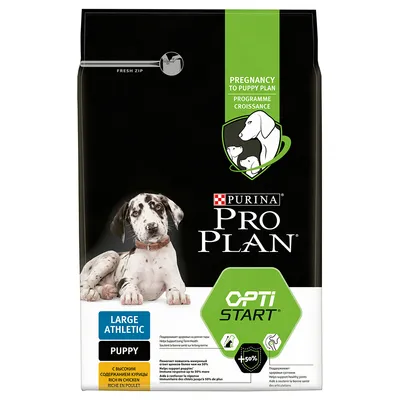 Sac hrană pentru câini Purina Pro Plan Opti Start, Large Athletic Puppy, imagine cu cățel, text vizibil: Pregnancy to Puppy Plan, Rich in Chicken, +50%, Fresh Zip.