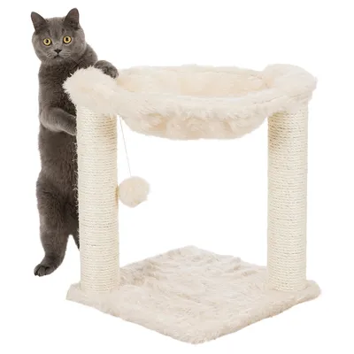 Cat tree with two sisal posts, fluffy lying surface and play ball. Grey cat standing by a post.
