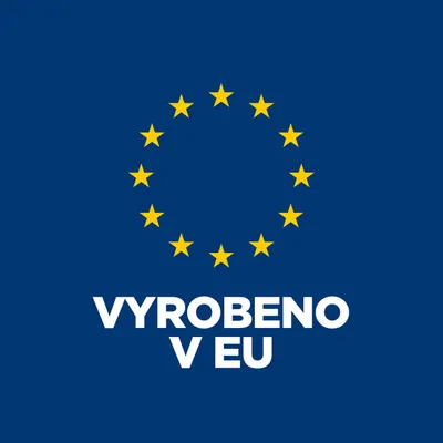 Vyrobené v EÚ, obklopené žltým kruhom hviezd na modrom pozadí. Upozornenie na výrobu v Európskej únii. Vyrobené v EÚ, obklopené žltým kruhom hviezd na modrom pozadí. Upozornenie na výrobu v Európskej únii.