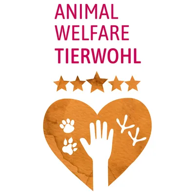 Text: ANIMAL WELFARE TIERWOHL. Pět hvězd nad oranžovým srdcem s otiskem ruky, tlapek a ptačí stopy.