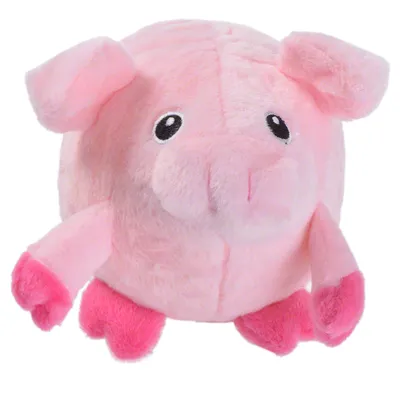 Rosa Plüschspielzeug in Schweineform mit runden Augen und pinken Akzenten an Ohren und Füssen.