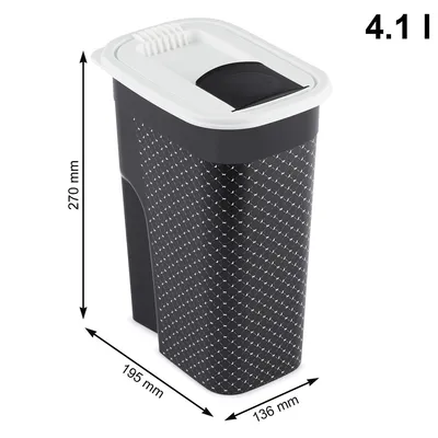 Food storage container with dimensions 270 mm high, 195 mm wide, 136 mm deep, and a capacity of 4.1 litres shown.