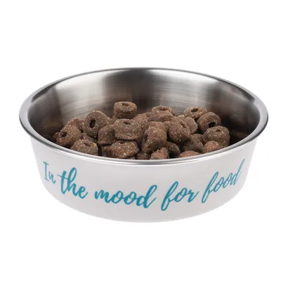 Stainless steel food bowl with the inscription 'In the mood for food', filled with brown, ring-shaped dry food pieces.