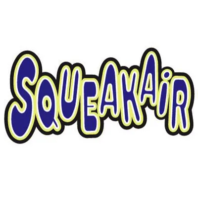 Squeakair. Mærkenavn i blå-gul skrift.