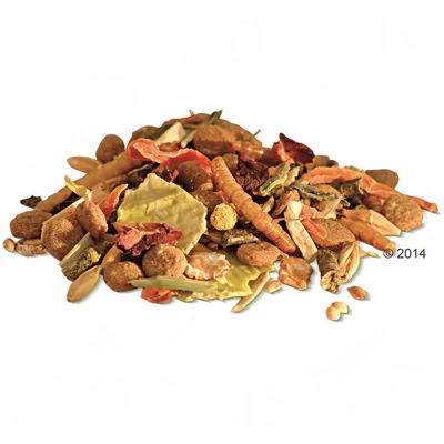 Mixture of dried ingredients such as vegetables, grains, seeds and insects. Suitable as food for small animals.