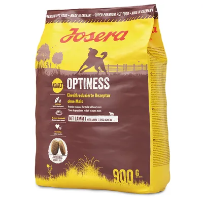 Josera Optiness Adult, receptura se sníženým obsahem bílkovin bez kukuřice, s jehněčím. Super Premium Pet Food, Made in Germany, balení 900g.