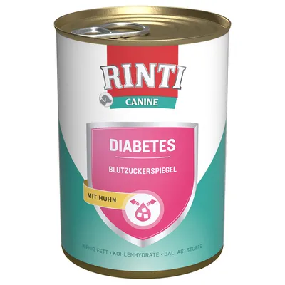 Conservă Rinti Canine. Text vizibil: Diabetes, Blutzuckerspiegel, mit Huhn. Mențiuni suplimentare: wenig Fett, Kohlenhydrate, Ballaststoffe.