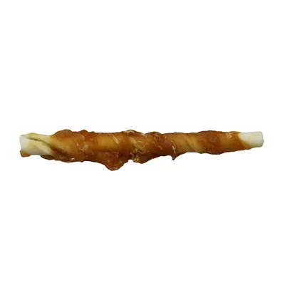 Băț de mestecat pentru câini, din piele presată învelită cu carne uscată. Fără ambalaj sau marcă vizibilă.