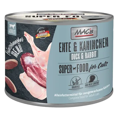MAC's Kacsa & Nyúl Super Food macskáknak, teljes értékű eledel felnőtt macskák számára, gabonamentes, magas hústartalommal, Németországban készült.