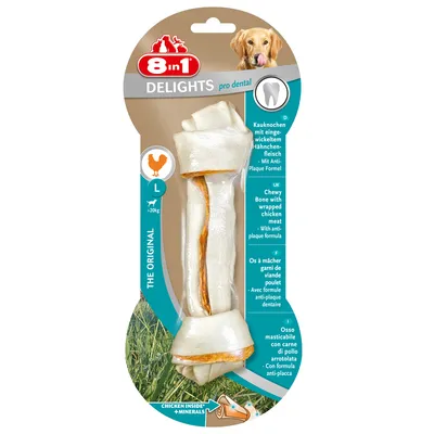 8in1 Delights pro dental L puruluu kanalla, yli 20 kg koirille. Pakkauksessa näkyy puruluu ja teksti: 'Chewy Bone with wrapped chicken meat – With anti-plaque formula'.