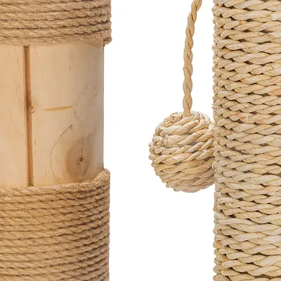 Close-up of a scratching post trunk made of wood, wrapped with sisal rope, with a sisal ball attached.