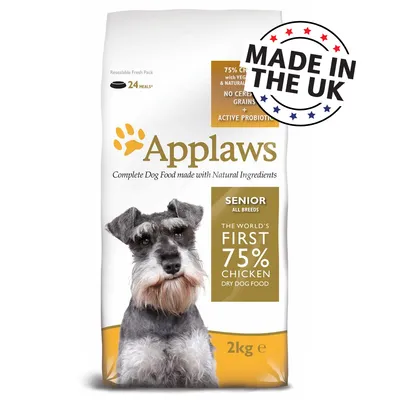 Applaws Senior All Breeds hondenvoer, 2 kg. 75% kip, geen granen, actieve probiotica. Made in the UK. Voor senior honden, droogvoer. Bevat afbeelding van een schnauzer.