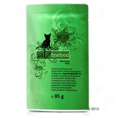 Catz finefood N°23 Rind und Ente, 85 г. Текст на немски: деликатно говеждо и патица, без консерванти, оцветители или овкусители, генетично чисто.
