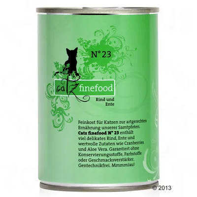 Консерва Catz finefood N°23, Rind und Ente. Видими съставки: говеждо и патица. Текст на немски език с информация за продукта и гаранции за съставките.