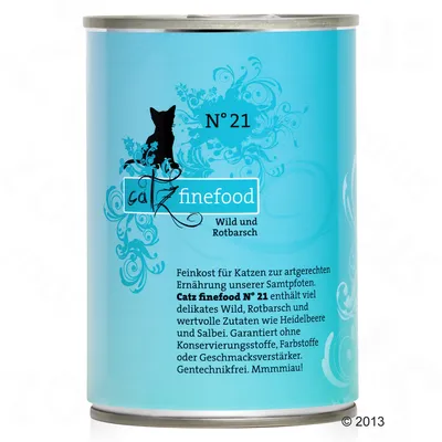 Консерва за котки Catz finefood N°21. Видим текст на немски: Wild und Rotbarsch. Още текст: Feinkost für Katzen... Gentechnikfrei. Mmmmiau!
