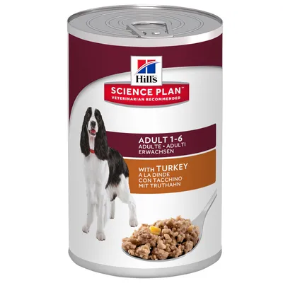 Boîte Hill's Science Plan Adult 1-6 à la dinde pour chien, texte visible : adulte 1-6, with turkey, à la dinde, image de pâtée et d’un chien sur l’emballage.