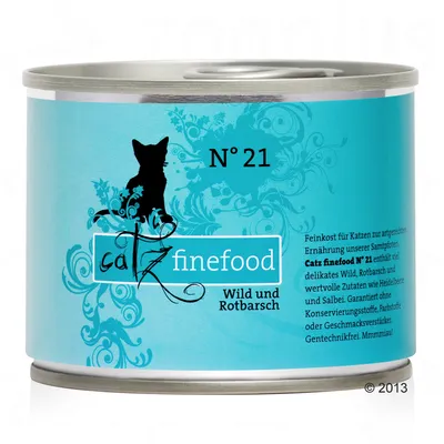 Conservă Catz finefood N° 21, Wild und Rotbarsch. Text pe ambalaj în germană despre ingrediente: vânat, biban roșu, afine, salvie. Fără conservanți, coloranți sau potențiatori de aromă.