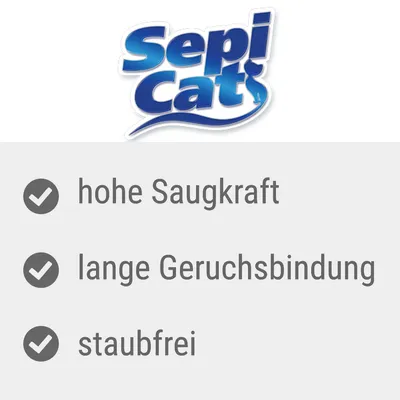 Sepicat. hohe Saugkraft, lange Geruchsbinding, staubfrei (texte en allemand).