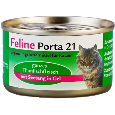 Feline Porta 21 -täydennysravinto kissoille, kannellinen metallipurkki. Teksti saksaksi: ganzes Thunfischfleisch mit Seetang in Gel. Kuvassa myös kissan kuva.
