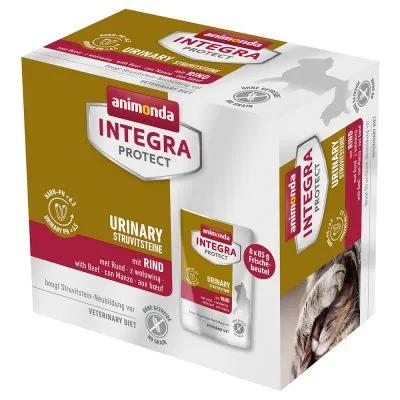 Confezione Animonda Integra Protect Urinary Struvitsteine con manzo, 8 x 85 g, alimento dietetico per gatti. Testo visibile: urinary pH 6,5, senza cereali, veterinary diet.
