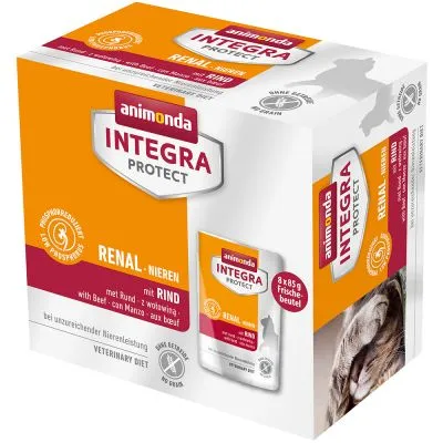 Confezione Animonda Integra Protect Renal con manzo, 8 x 85 g, alimento per animali, indicato su etichetta come dieta veterinaria, senza cereali, ridotto fosforo.