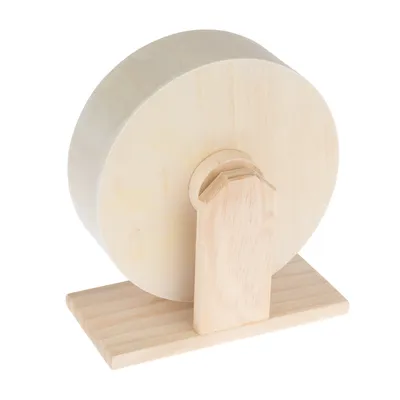 Holz-Laufrad mit stabilem Standfuss, geeignet für Kleintiere. Naturholz ohne sichtbare Lackierung oder Farbe.