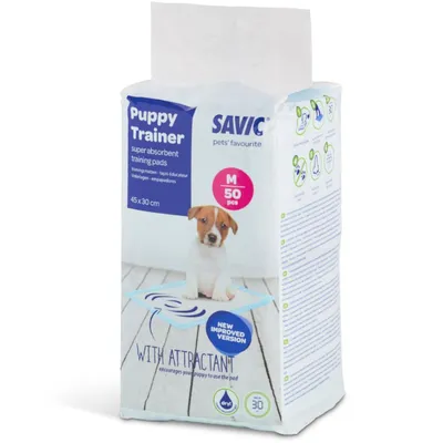 Savic Puppy Trainer tappetini super assorbenti per l’addestramento, taglia M, 50 pezzi, 45x30 cm. Con attrattivo, nuova versione migliorata, incoraggia i cuccioli all’uso dei tappetini.