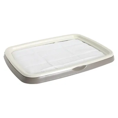 Sottopiatto rettangolare in plastica con tappetino assorbente bianco inserito, adatto per scopi igienici.
