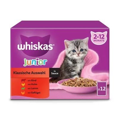 Embalagem Whiskas Junior 2–12 Monate, Klassische Auswahl in Sauce, com imagem de gatinho, indicações: mit Rind, mit Huhn, mit Lamm, mit Geflügel, caixa com 12 saquetas.