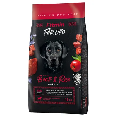 Fitmin For Life Beef & Rice All Breeds kutyatáp csomagolás, 12 kg, 81% állati eredetű fehérje, búza- és kukoricamentes, prebiotikumos, marhahús és rizs látható a csomagon