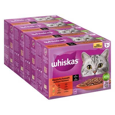 Whiskas Klassische Auswahl kastikkeessa, 12 annospussia kissoille yli 1 vuotta. Lajit: nauta, kana, lammas, siipikarja. 100% tasapainoinen ravinto.