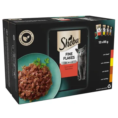 Sheba Fine Flakes in Jelly Succulent Selection, 12 x 85g, with beef, chicken, lamb and turkey. Shows food on a plate and highlights use of natural, high quality ingredients.