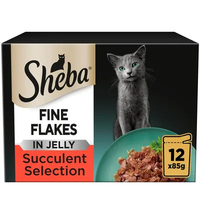 Sheba Fine Flakes in Jelly Succulent Selection, 12 packs of 85g each, shown with a bowl of food and product details on the packaging.