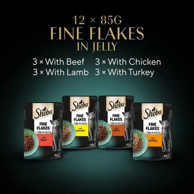 12 x 85g Fine Flakes in Jelly: 3 with beef, 3 with chicken, 3 with lamb, 3 with turkey. Four pouches shown for each flavour.