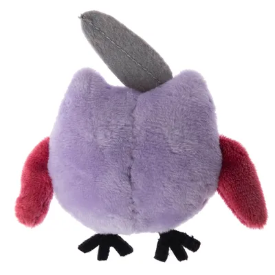 Plüschspielzeug in Form eines Vogels mit lila Körper, roten Flügeln, grauem Schwanz und schwarzen Füssen.
