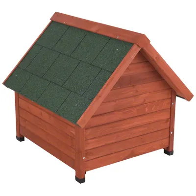 Cuccia per cani in legno con tetto spiovente verde, pannelli orizzontali e piedini rialzati visibili.