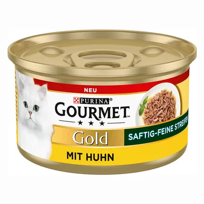 PURINA Gourmet Gold saftig-feine Streifen mit Huhn, neue Rezeptur, Dose mit Abbildung von Fleischstreifen und weißer Katze. PURINA Gourmet Gold saftig-feine Streifen mit Huhn, neue Rezeptur, Dose mit Abbildung von Fleischstreifen und weißer Katze.