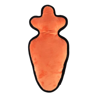 Oranssinvärinen plyysilelu porkkanan muodossa, musta reunus.