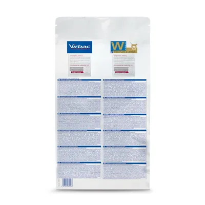 Dos du paquet Virbac W2 Weight Loss & Control Cat, informations nutritionnelles et texte multilingue illisible, logo Virbac visible en haut à gauche.