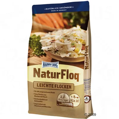 Happy Dog NaturFloq Leichte Flocken kutyaeledel csomagolás, feliratok: Kein Soja!, Mix it!, Ohne Farb- & Konservierungsstoffe, Made in Germany, vitaminokkal és ásványi anyagokkal dúsítva.