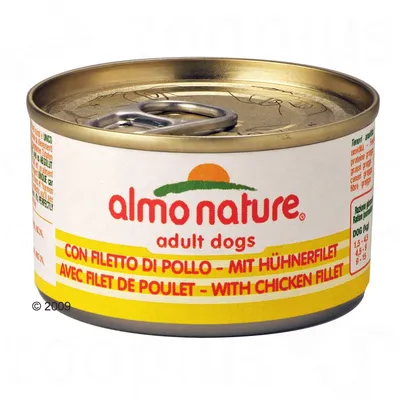 almo nature adult dogs -koiranruokapurkki, teksti: con filetto di pollo, mit hühnerfilet, avec filet de poulet, with chicken fillet. Metallipurkki vetorenkaalla.