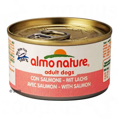 almo nature adult dogs -koiran märkäruoka, lohi, 100 % sea water fish. Tekstit: con salmone, mit lachs, avec saumon, with salmon. Metallipurkki vetorenkaalla.