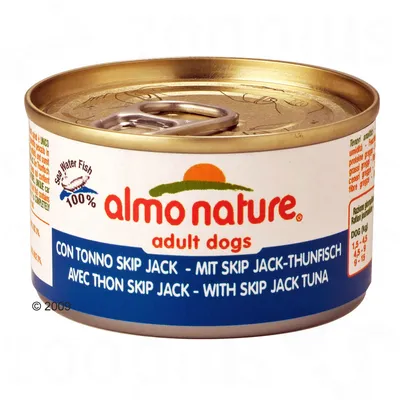 almo nature adult dogs -koiranruokapurkki, teksti: con tonno skip jack, mit skip jack-thunfisch, avec thon skip jack, with skip jack tuna, 100 % sea water fish