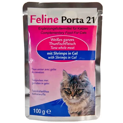 Feline Porta 21 kiegészítő macskaeledel, fehér tonhalhús egészben, garnélával zselében, 100 g tasakban. Csomagoláson macskafotó és többnyelvű feliratok láthatók.
