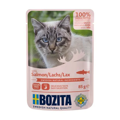 Bozita comida húmeda para gatos con salmón, 100 % proteína animal, ingredientes naturales suecos, receta sin cereales, fácil digestión, 85 g. Made in Sweden.