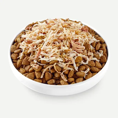 Bowl with brown dry food pieces, topped with shredded, cooked chicken meat.
