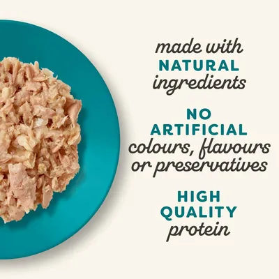 Text states: made with natural ingredients, no artificial colours, flavours or preservatives, high quality protein. Image shows shredded food on a blue plate.
